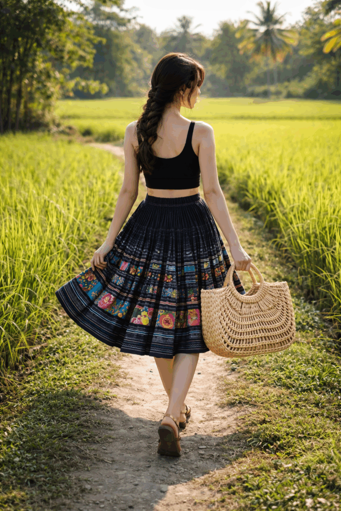 Plooirok Hmong Indigo Maiv model